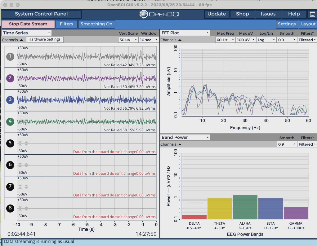 GUI video showing eyes-closed alpha wave data at 0:00